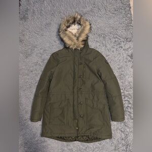 American Eagle Parka Women’s Size XL Olive Sherpa Lined Faux Fur Hood Jacket Y2K